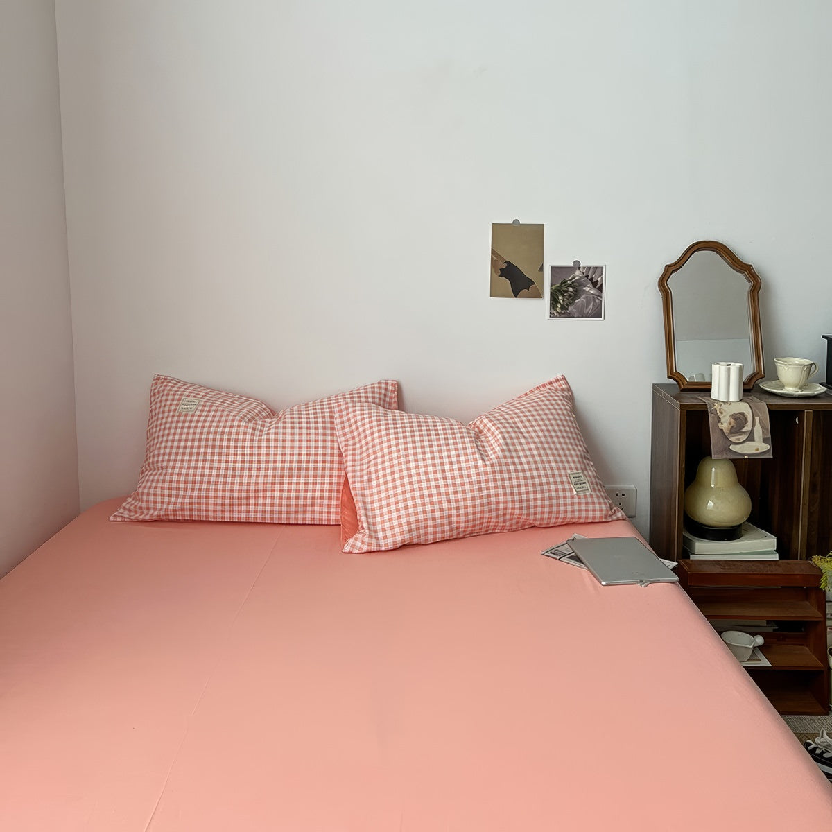 Peach Pink Gingham Bedding Set — Cotton Duvet & Pillowcases — Lifestyle 8