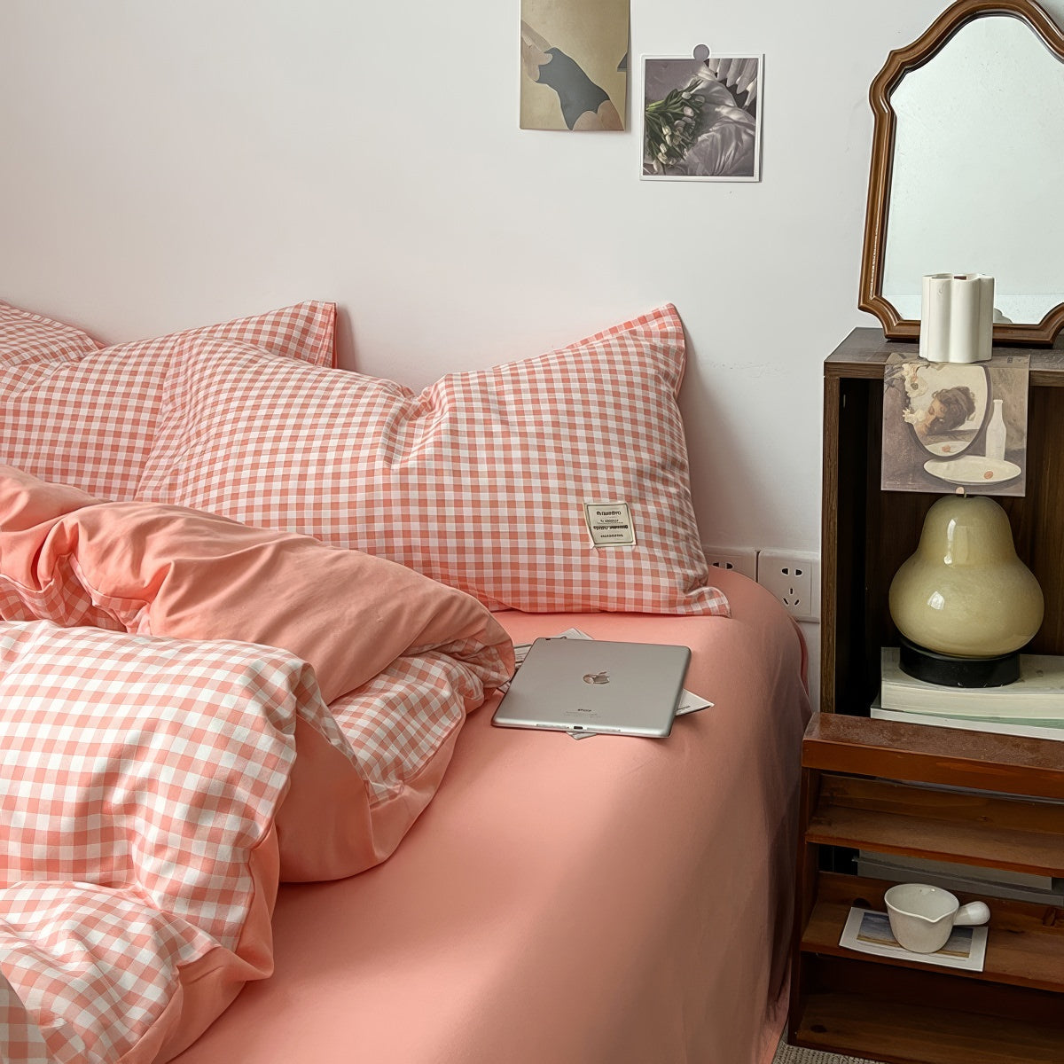 Peach Pink Gingham Bedding Set — Cotton Duvet & Pillowcases — Lifestyle 2