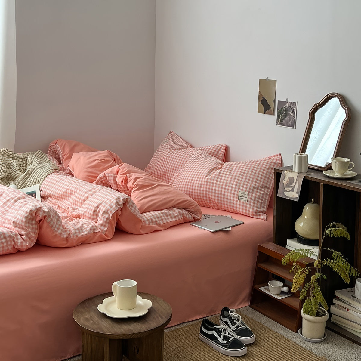 Peachy Pink Gingham Bedding Set — Soft-Touch Cotton Duvet & Pillowcases — Lifestyle 4