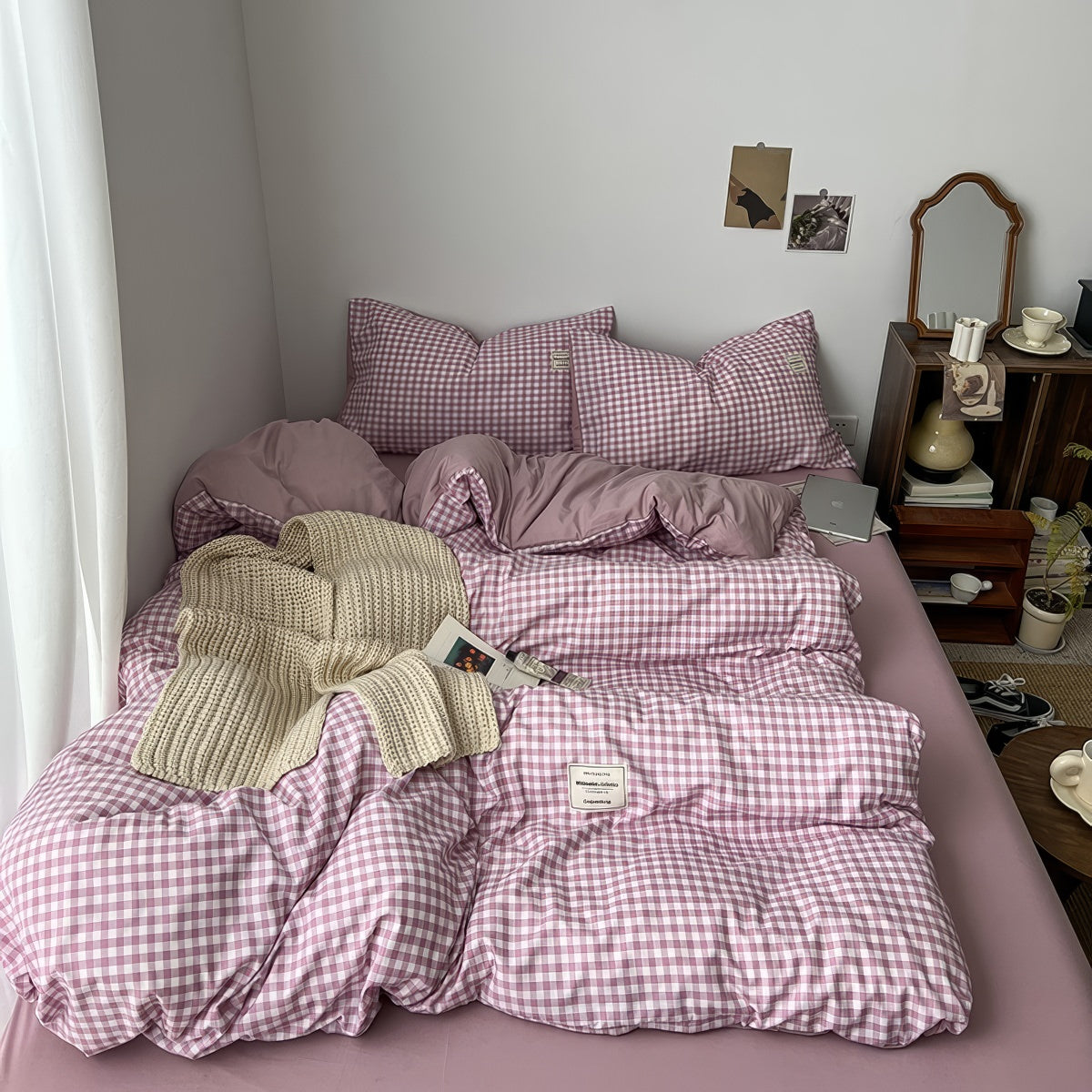 Dusty Purple Gingham Bedding Set — Cotton Duvet & Pillowcases — Lifestyle 1