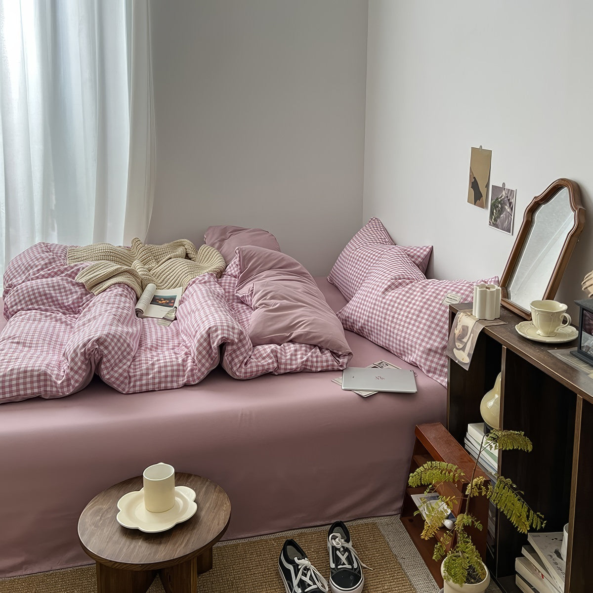 Dusty Purple Gingham Bedding Set — Soft-Touch Cotton Duvet & Pillowcases — Lifestyle 4