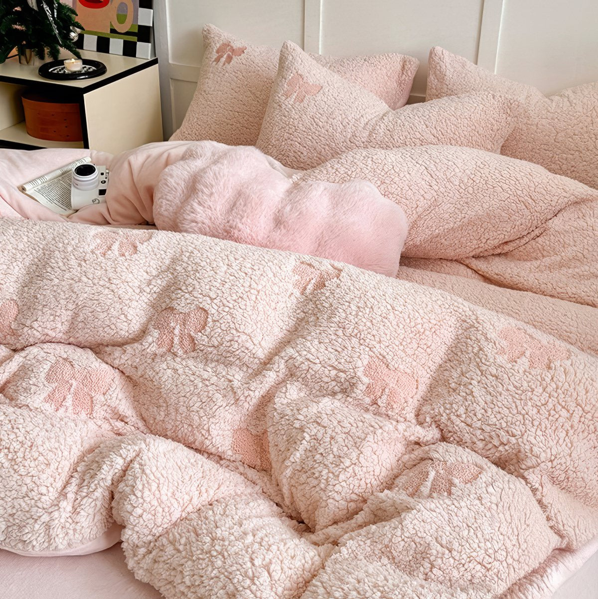 Embroidered Bow Sherpa Bedding Set — Plush Fleece Duvet Cover for Cold-Weather Bedrooms — Front view