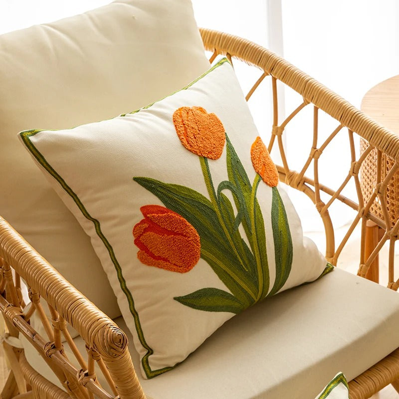 Embroidered Colorful Tulips Cushion Cover — Soft Textured Pillow for Bedroom Layering — Lifestyle 7