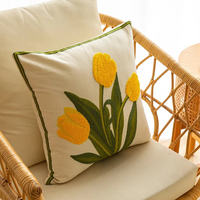 Embroidered Colorful Tulips Cushion Cover — Soft Textured Pillow for Bedroom Layering — Lifestyle 5
