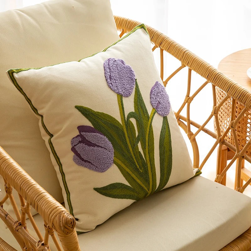 Embroidered Colorful Tulips Cushion Cover — Soft Textured Pillow for Bedroom Layering — Lifestyle 6