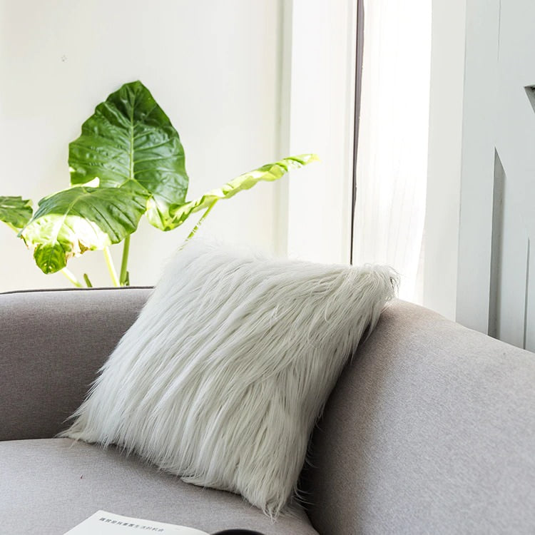 Dusty Faux Fur Cushion Cover — Soft Textured Pillow for Bedroom Layering — Lifestyle 8