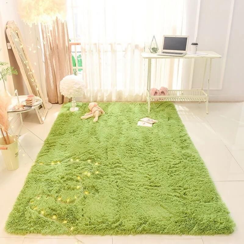 Green Grass Fluffy Carpet — Soft Accent Rug for Bedroom Layering — Front view
