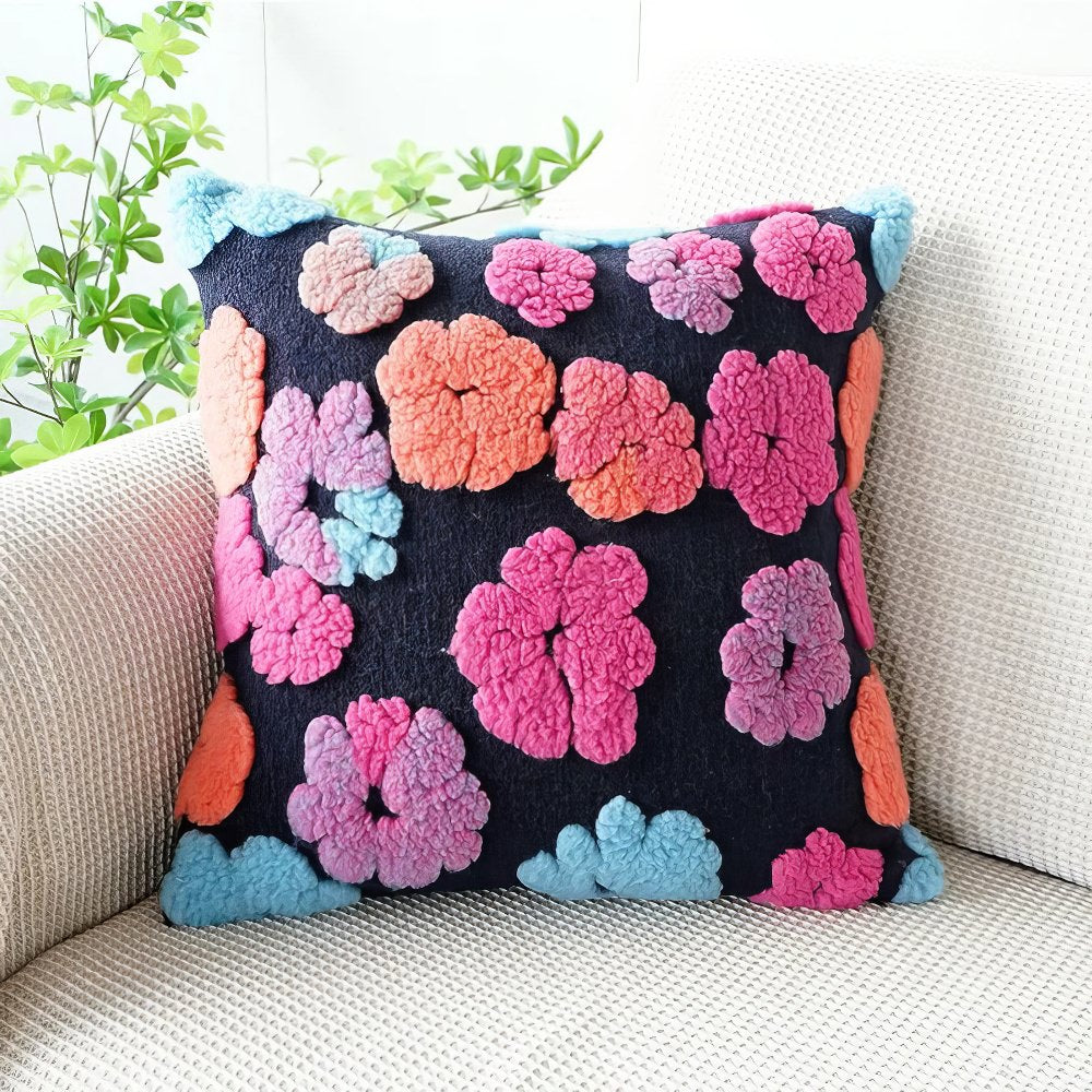 Fluffy Flowers Retro Cushion Cover — Soft Textured Pillow for Bedroom Layering — Lifestyle 3