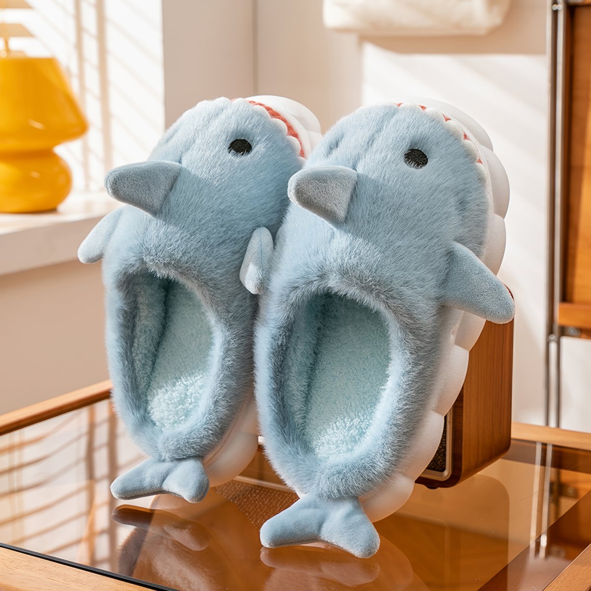 Fluffy Shark Slides — Plush Indoor Slip-On for Home Comfort — Lifestyle 6
