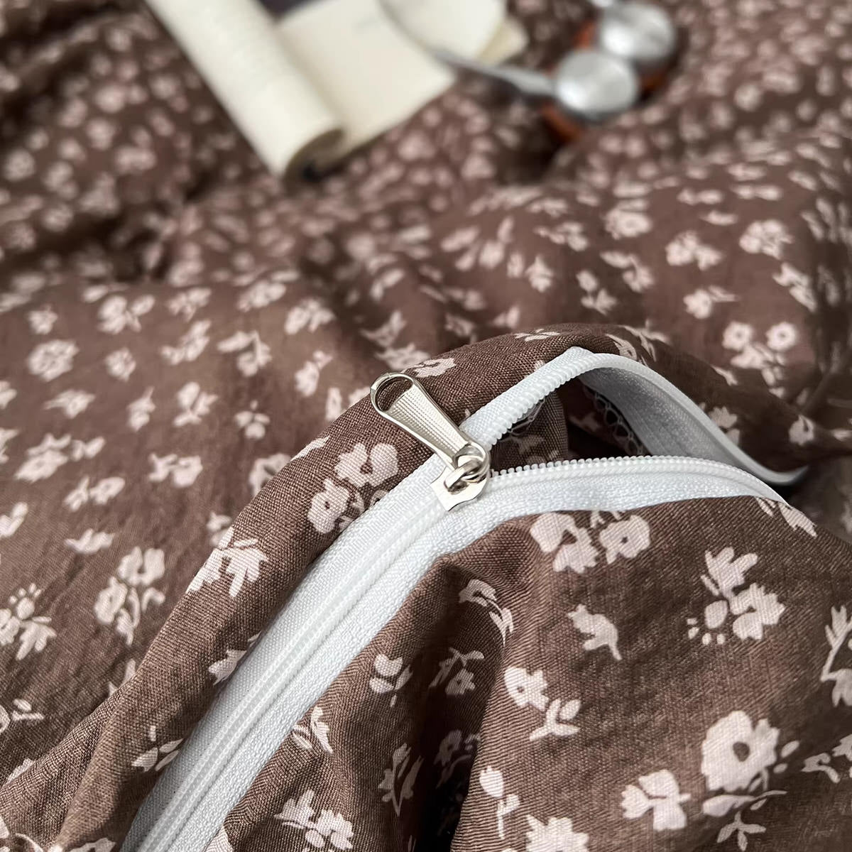 Vintage Brown Floral Bedding Set — Crinkled Cotton-Blend Duvet Cover for Neutral Bedrooms — Lifestyle 3