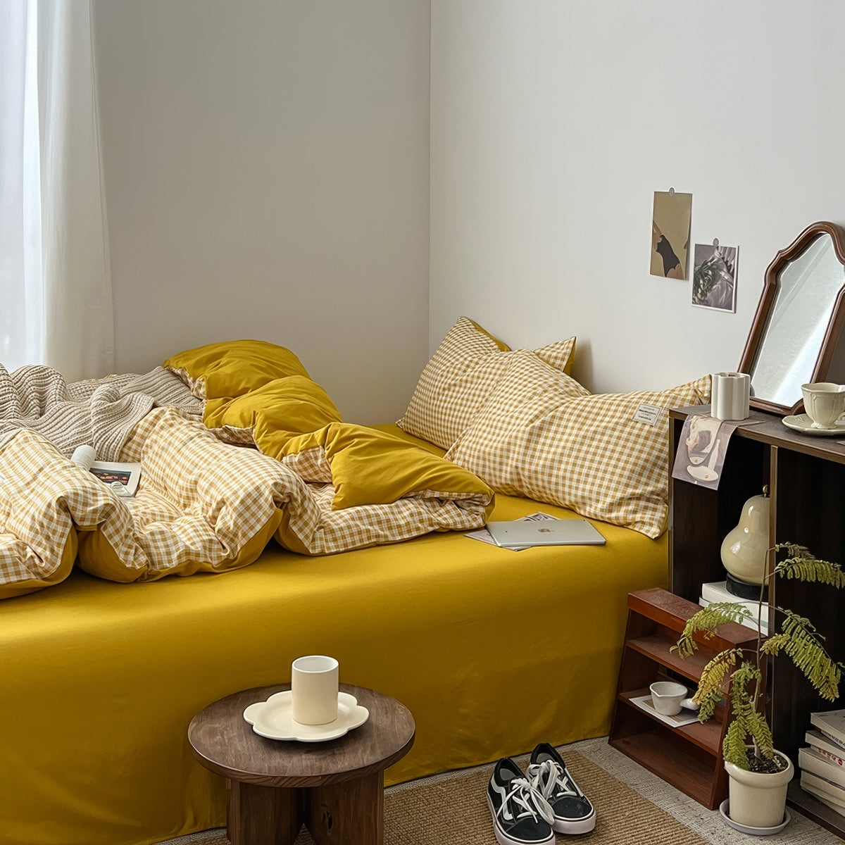 Golden Yellow Gingham Bedding Set — Soft-Touch Cotton Duvet & Pillowcases — Lifestyle 4