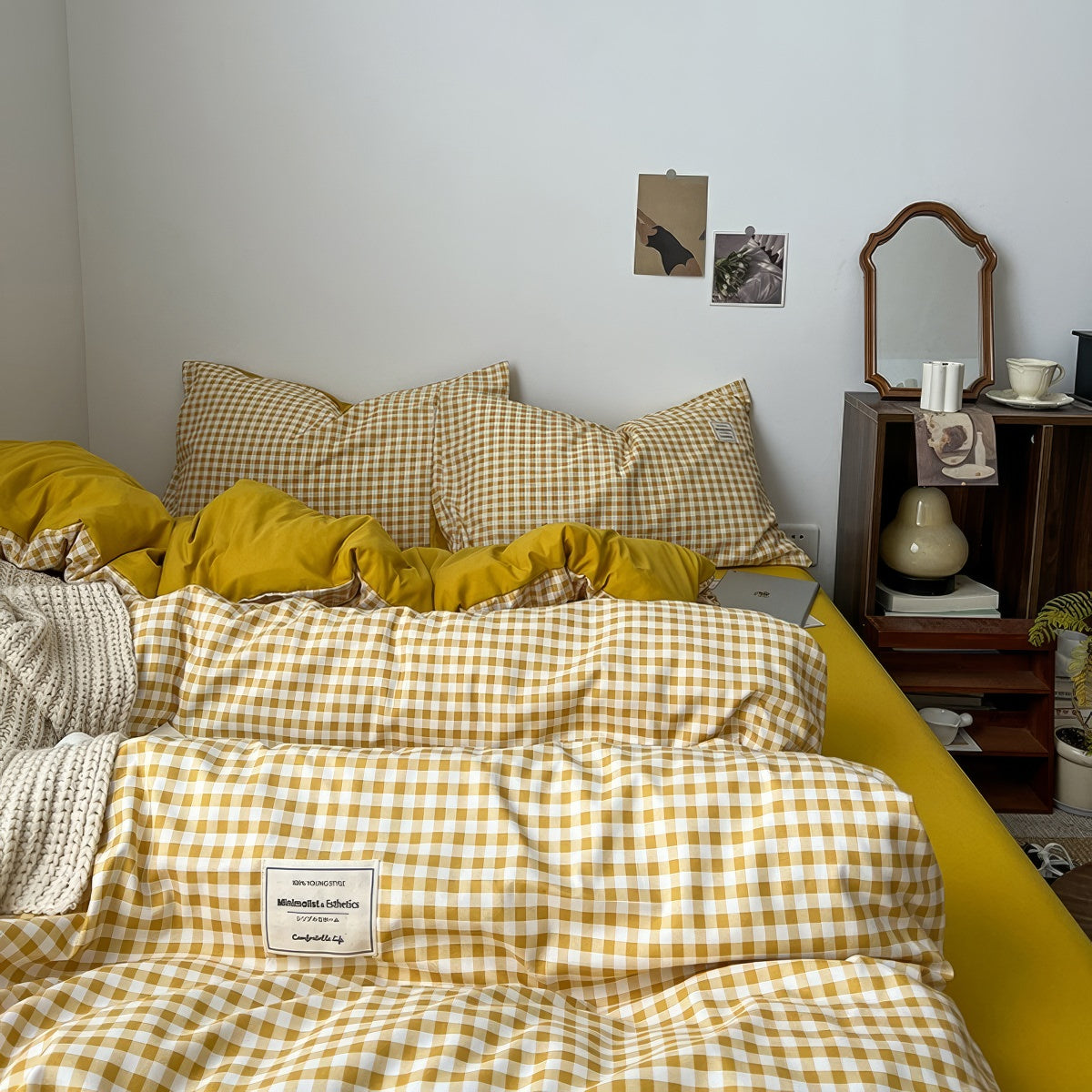 Golden Yellow Gingham Bedding Set — Soft-Touch Cotton Duvet & Pillowcases — Front view