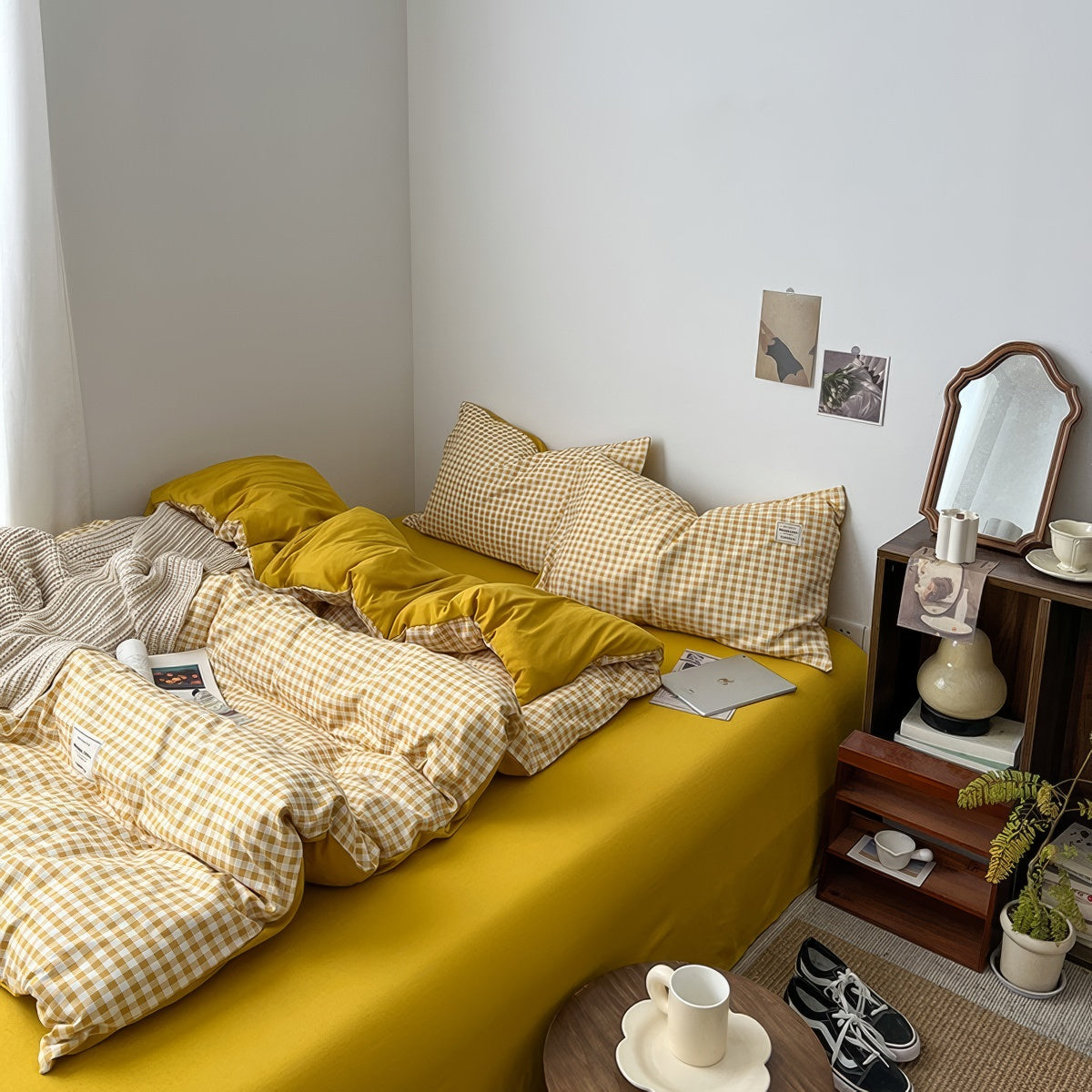 Golden Yellow Gingham Bedding Set — Soft-Touch Cotton Duvet & Pillowcases — Lifestyle 3