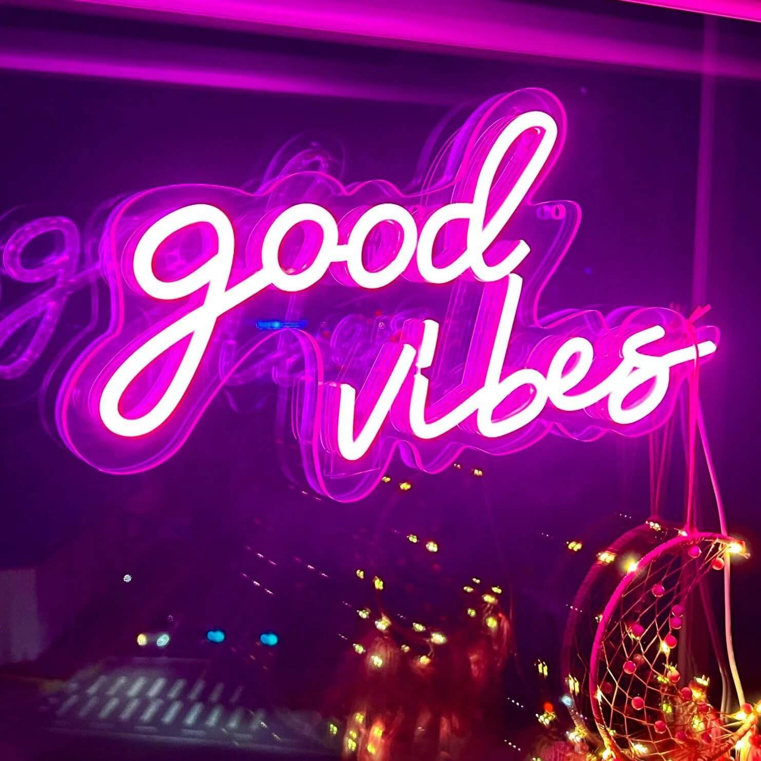 Good Vibes Wall Neon Sign — Warm LED Mood Lighting for Bedside — Lifestyle 1
