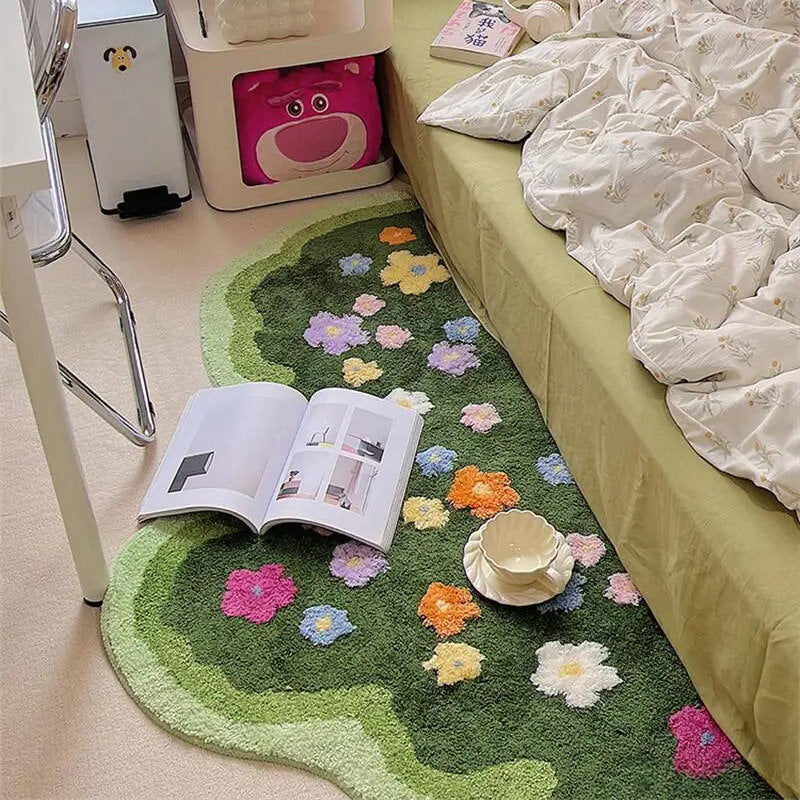 Green Blooming Lawn Accent Rug — Soft Accent Rug for Bedroom Layering — Front view