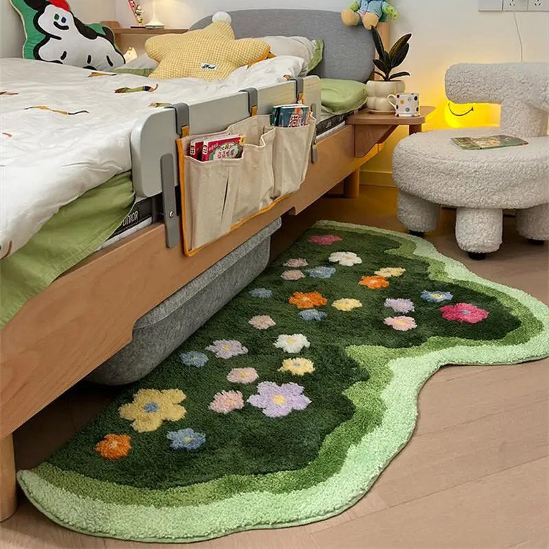 Green Blooming Lawn Accent Rug — Soft Accent Rug for Bedroom Layering — Lifestyle 7