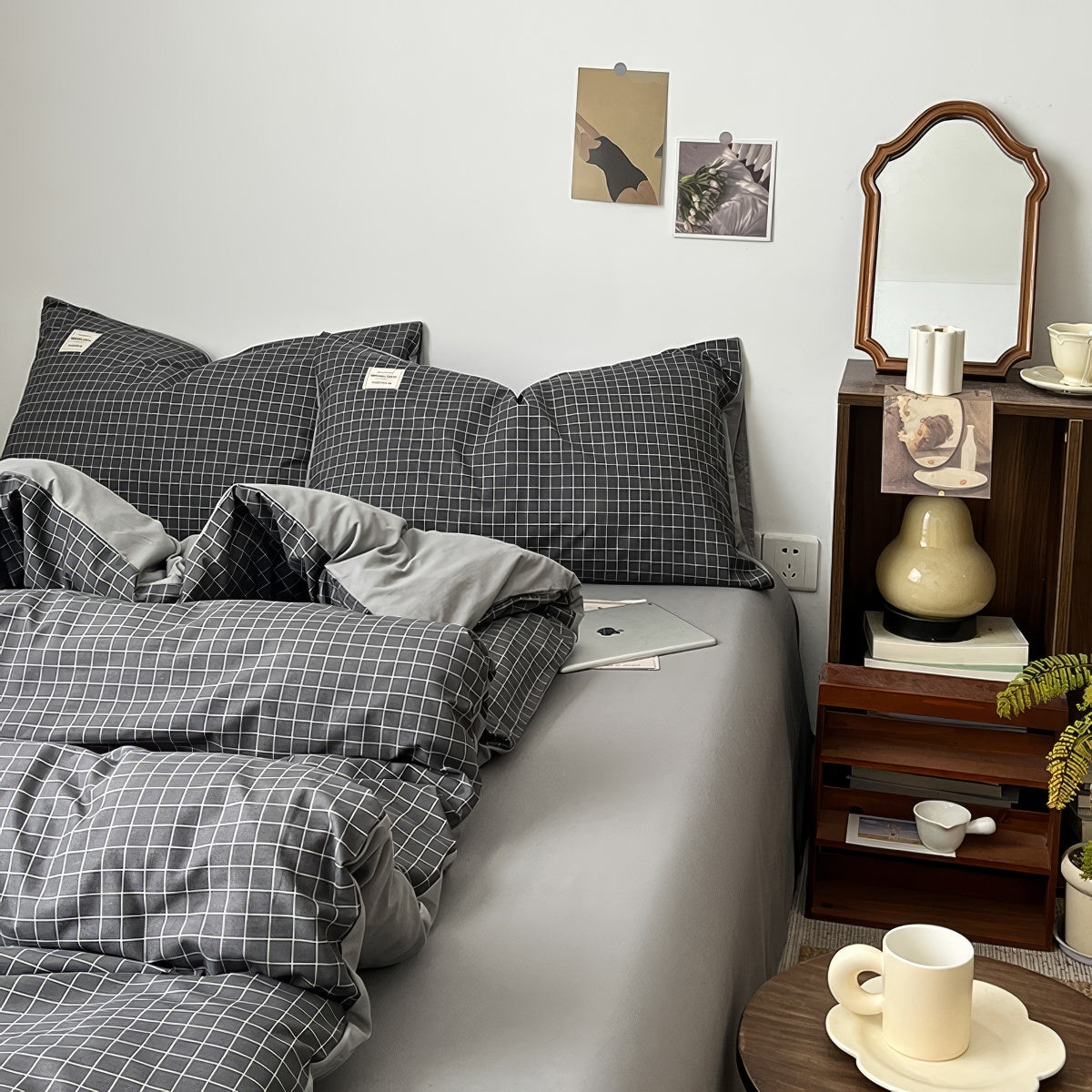 Minimalist Grey Grid Bedding Set — Soft-Touch Cotton Duvet & Pillowcases — Lifestyle 3