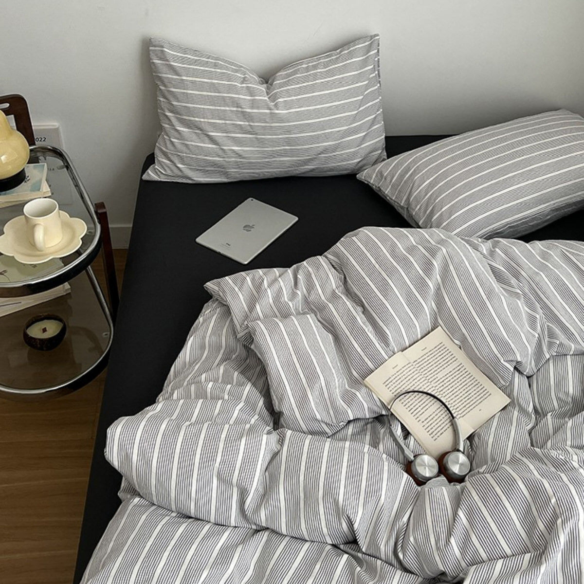 Minimalist Grey Pinstripe Bedding Set — Soft-Touch Cotton Duvet & Pillowcases — Lifestyle 2