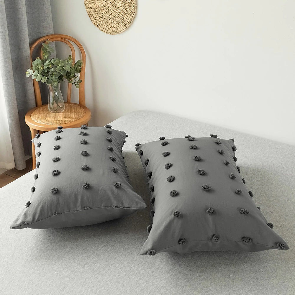 Grey Pom Pom Bedding Set — Soft-Touch Cotton Duvet & Pillowcases — Lifestyle 2