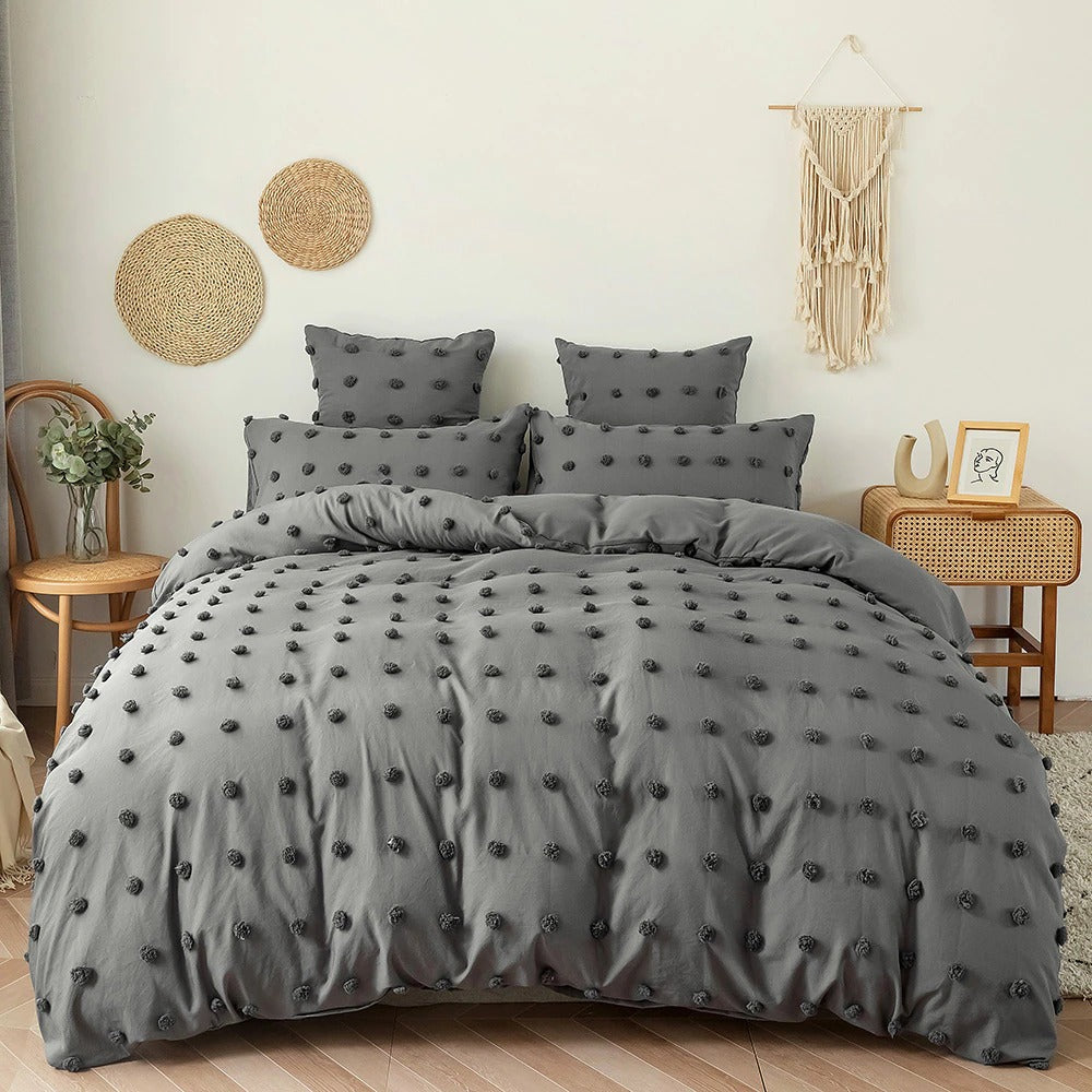 Grey Pom Pom Bedding Set — Soft-Touch Cotton Duvet & Pillowcases — Front view