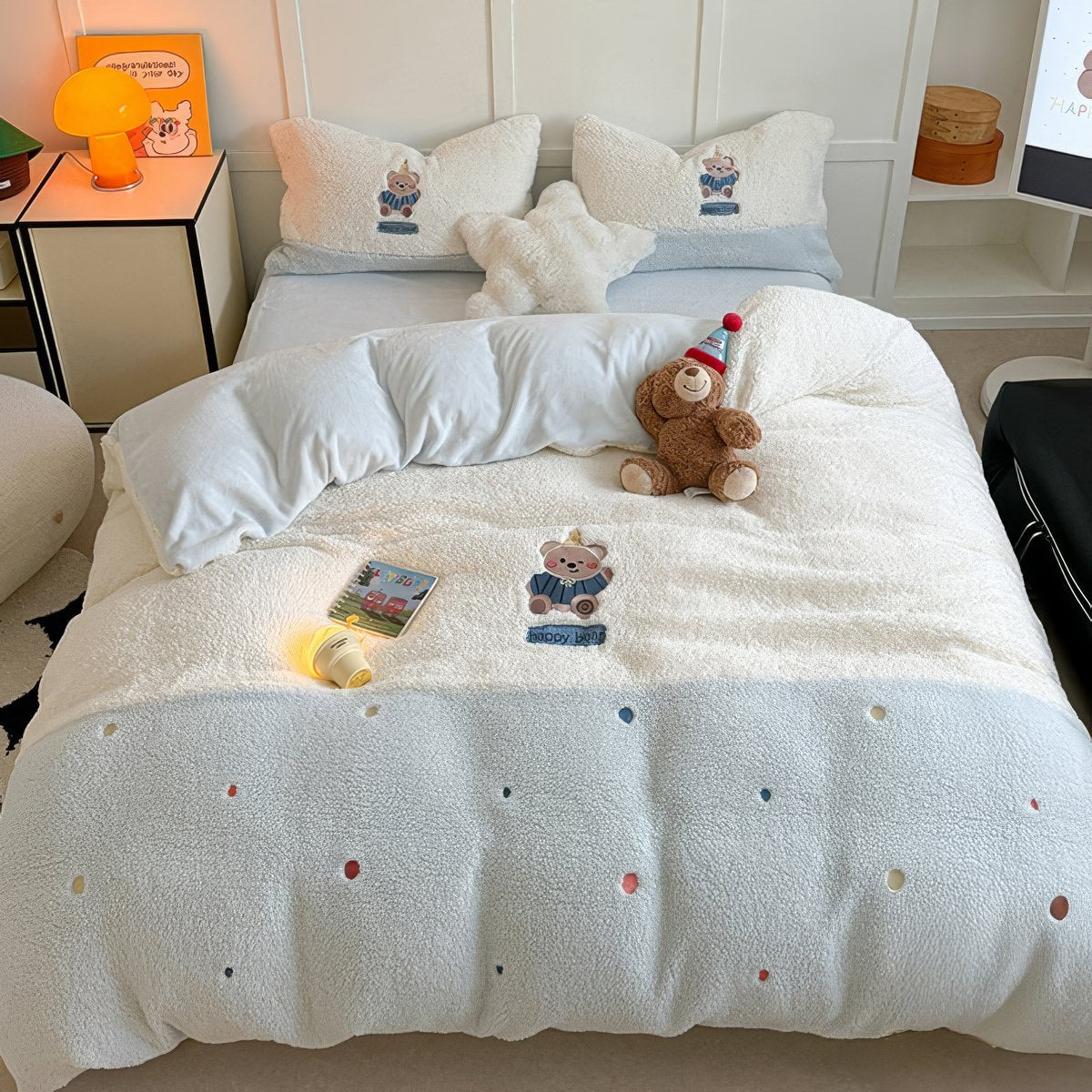 Embroidered Bear Sherpa Bedding Set — Plush Fleece Duvet Cover in Pastel Blue — Detail