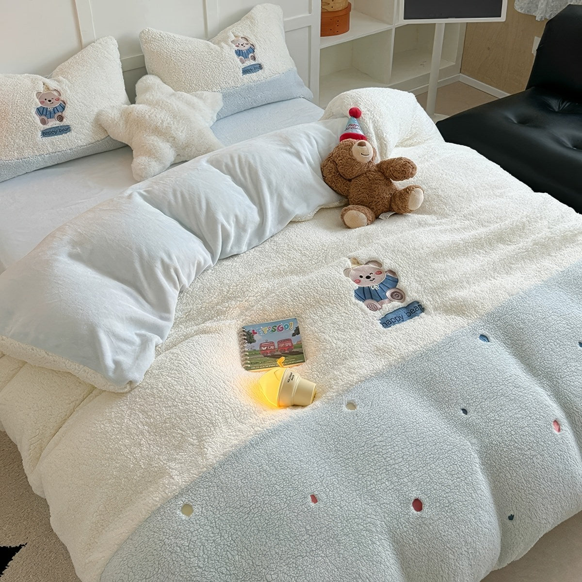 Embroidered Bear Sherpa Bedding Set — Plush Fleece Duvet Cover in Pastel Blue — Front view