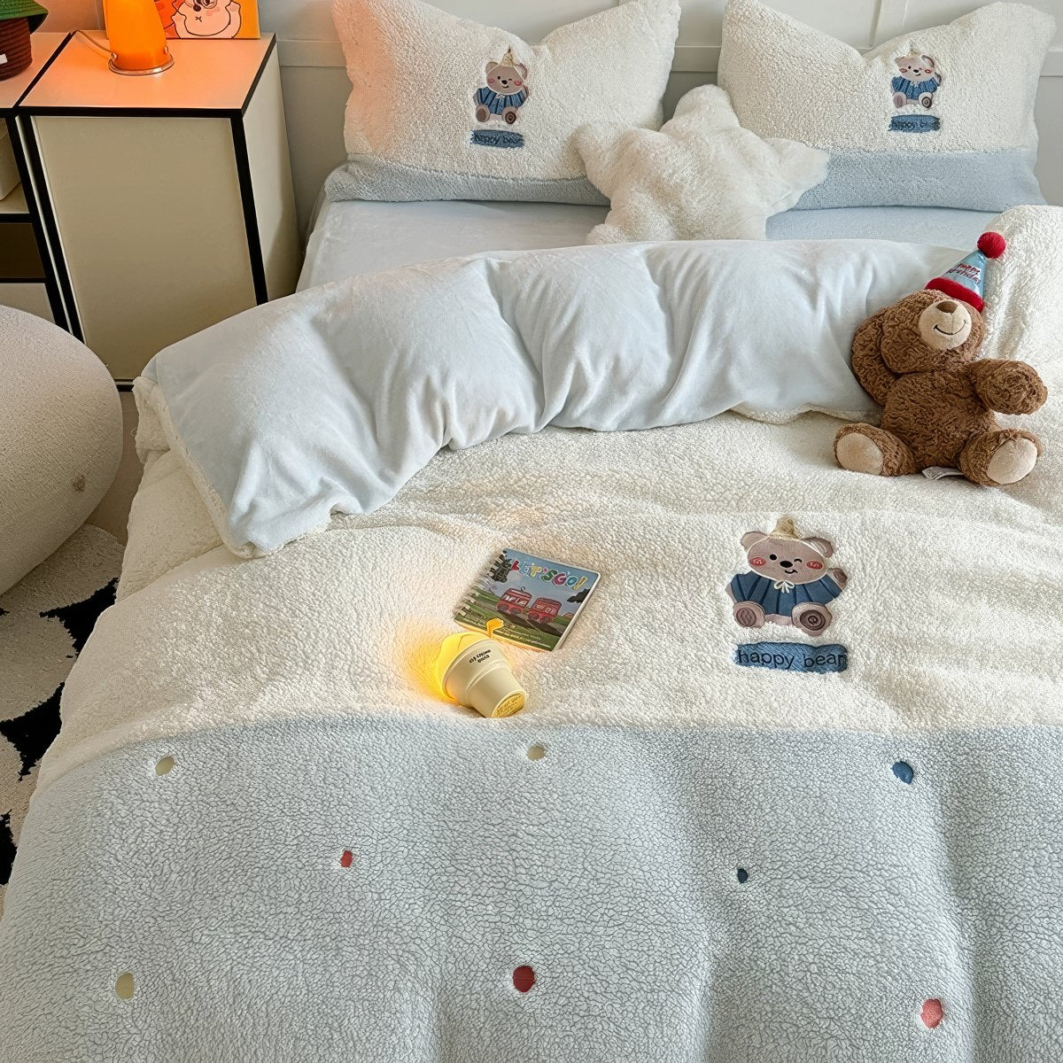 Embroidered Bear Sherpa Bedding Set — Plush Fleece Duvet Cover in Pastel Blue — Lifestyle 2