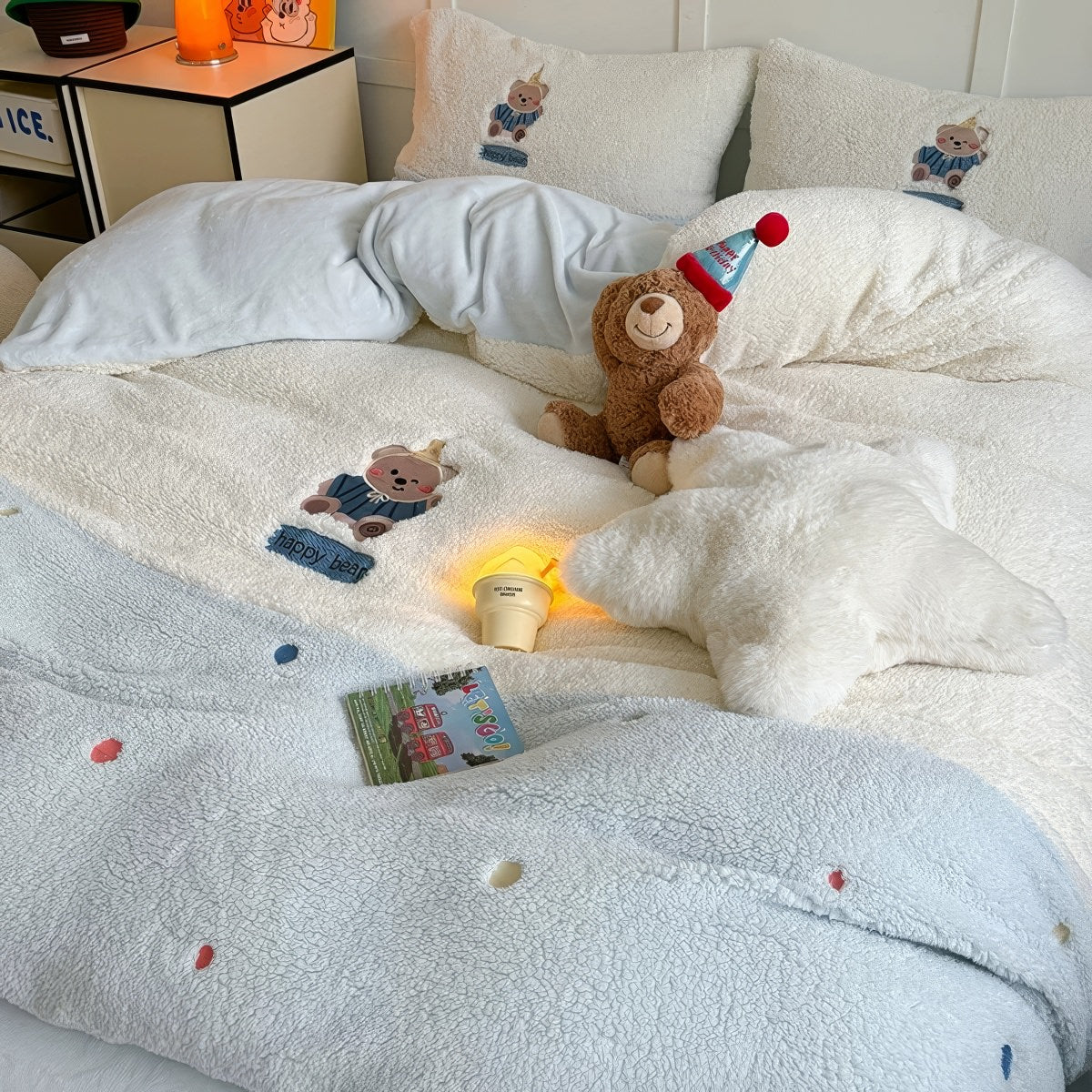 Embroidered Bear Sherpa Bedding Set — Plush Fleece Duvet Cover in Pastel Blue — Lifestyle 3