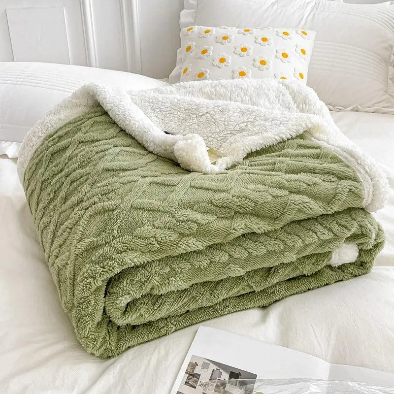 Woolen Lamb Velvet Flannel Blanket - Soft Sleep Cover in Light Coffee, Creamy White, Dark Gray, Fruit Green; Sizes: Single to
