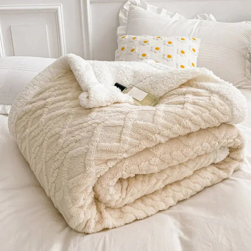 Woolen Lamb Velvet Flannel Blanket - Soft Sleep Cover in Light Coffee, Creamy White, Dark Gray, Fruit Green; Sizes: Single to