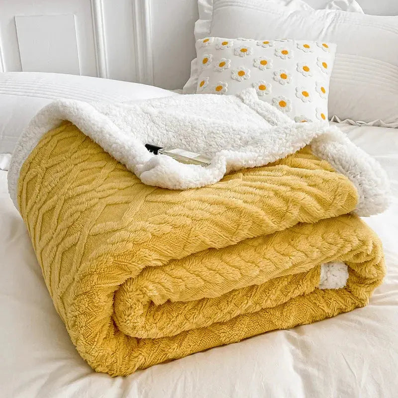 Woolen Lamb Velvet Flannel Blanket - Soft Sleep Cover in Light Coffee, Creamy White, Dark Gray, Fruit Green; Sizes: Single to
