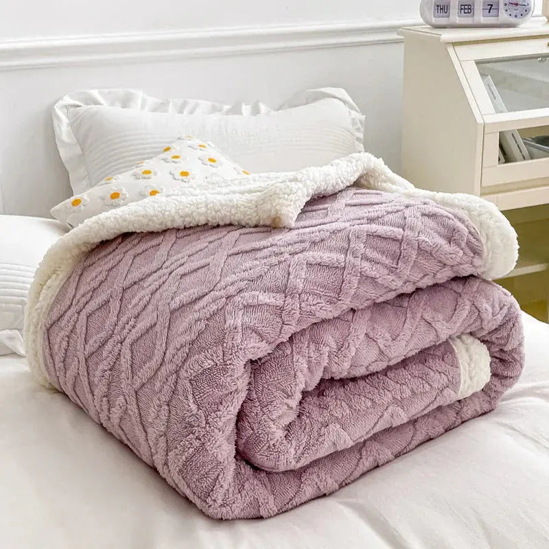 Woolen Lamb Velvet Flannel Blanket - Soft Sleep Cover in Light Coffee, Creamy White, Dark Gray, Fruit Green; Sizes: Single to