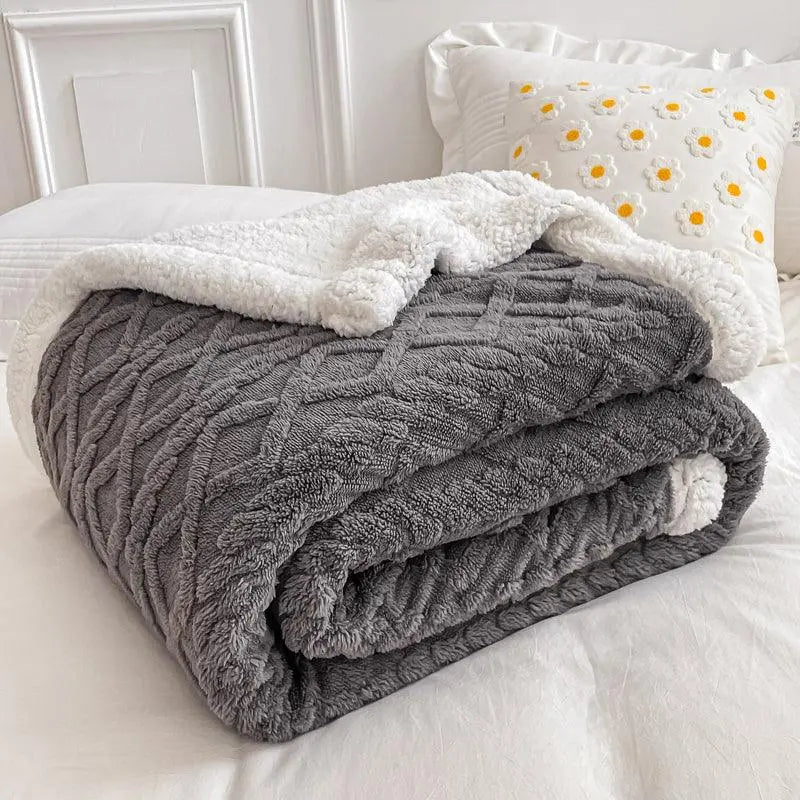 Woolen Lamb Velvet Flannel Blanket - Soft Sleep Cover in Light Coffee, Creamy White, Dark Gray, Fruit Green; Sizes: Single to