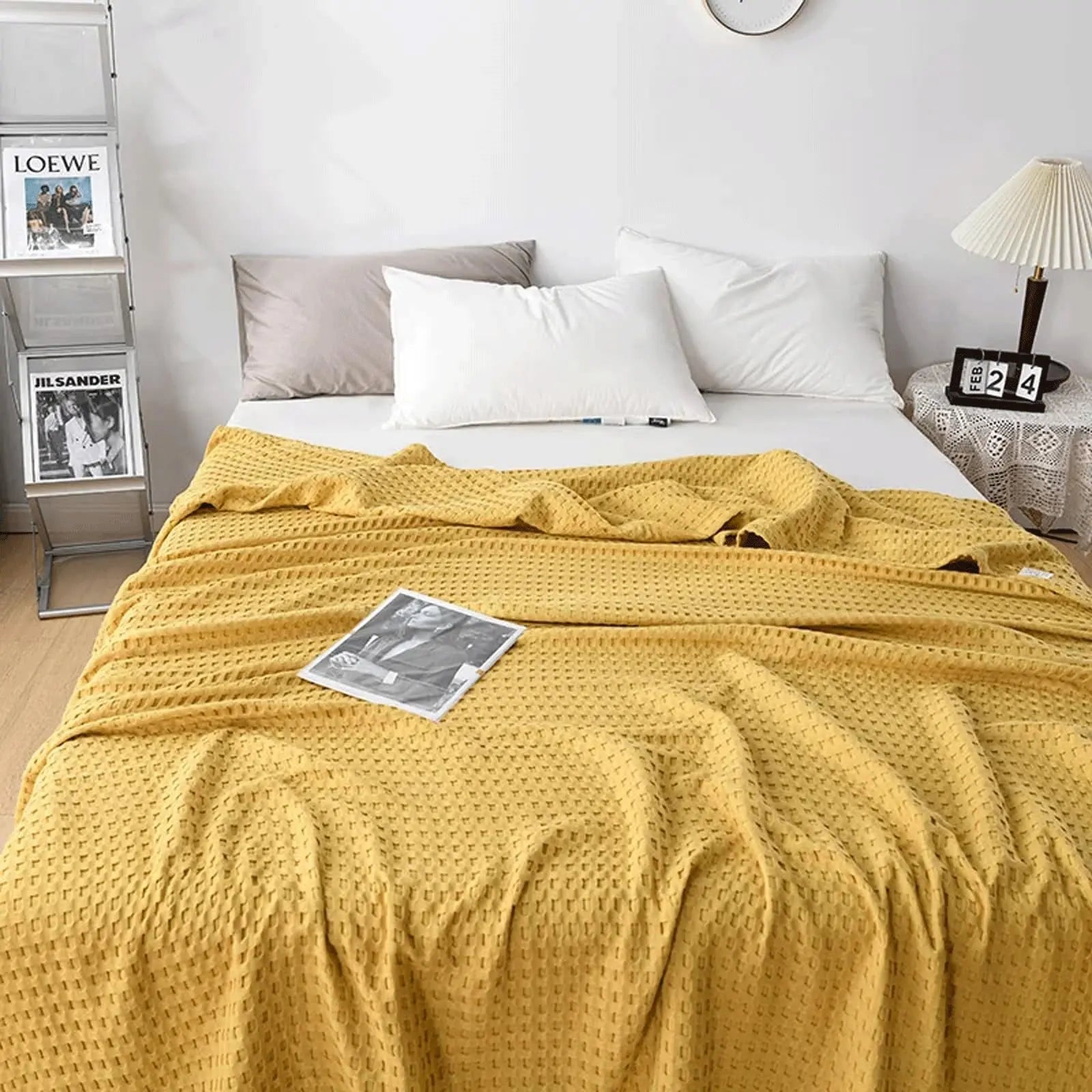 Cotton Waffle Weave Summer Blanket in Khaki, Yellow, Blue, and Gray - Available in Double, Queen, King Sizes — Lifestyle 6