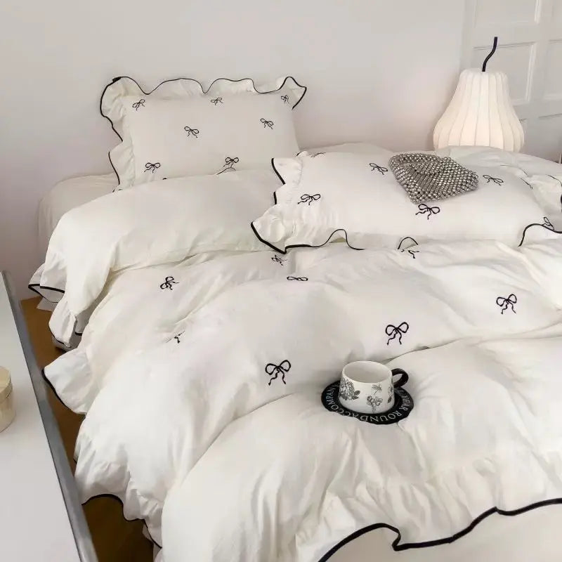 Ruffle Bow Duvet Cover Set for Queen and King Beds in White and Pink – 4 Piece Bedding Collection — Lifestyle 4