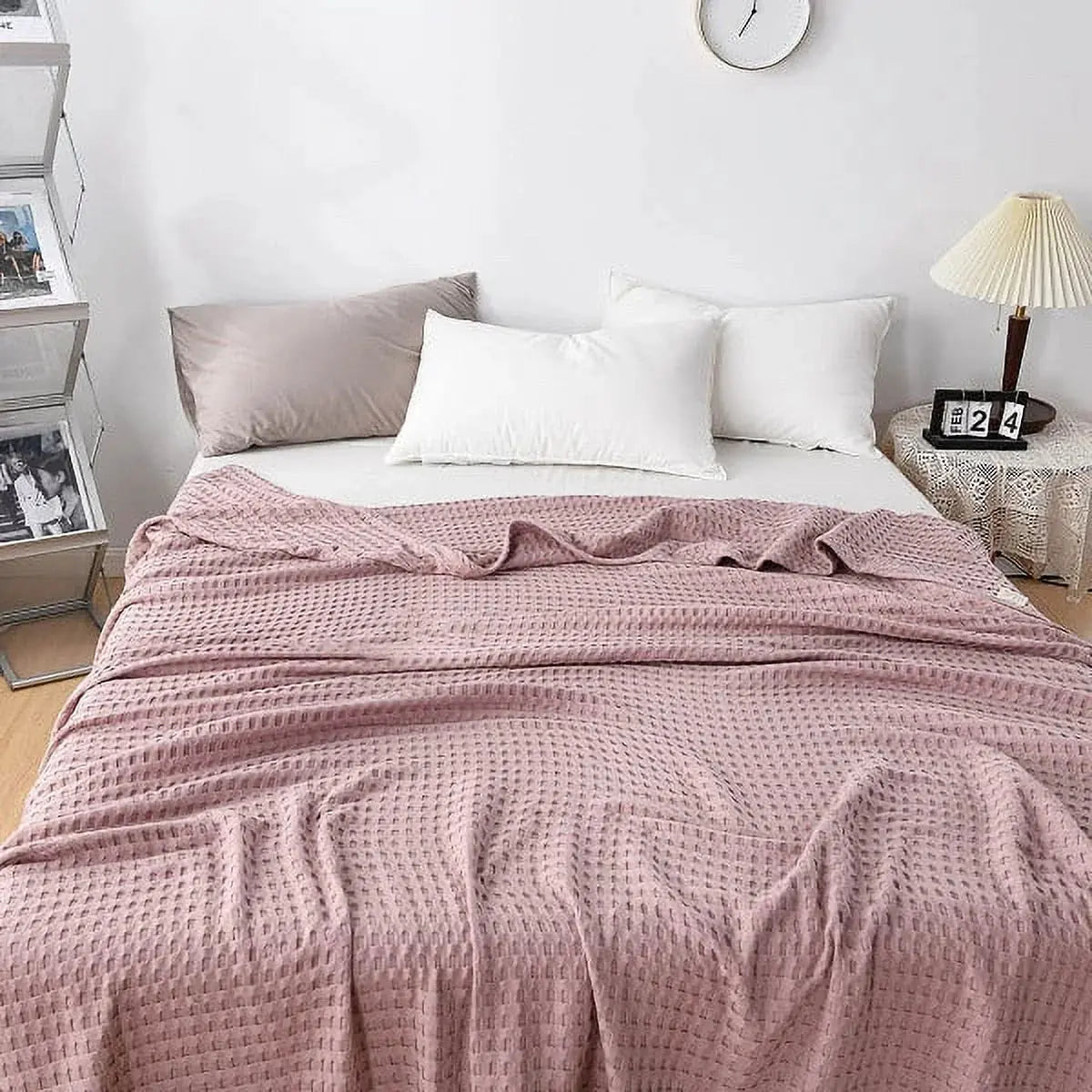Cotton Waffle Weave Summer Blanket in Khaki, Yellow, Blue, and Gray - Available in Double, Queen, King Sizes — Lifestyle 10