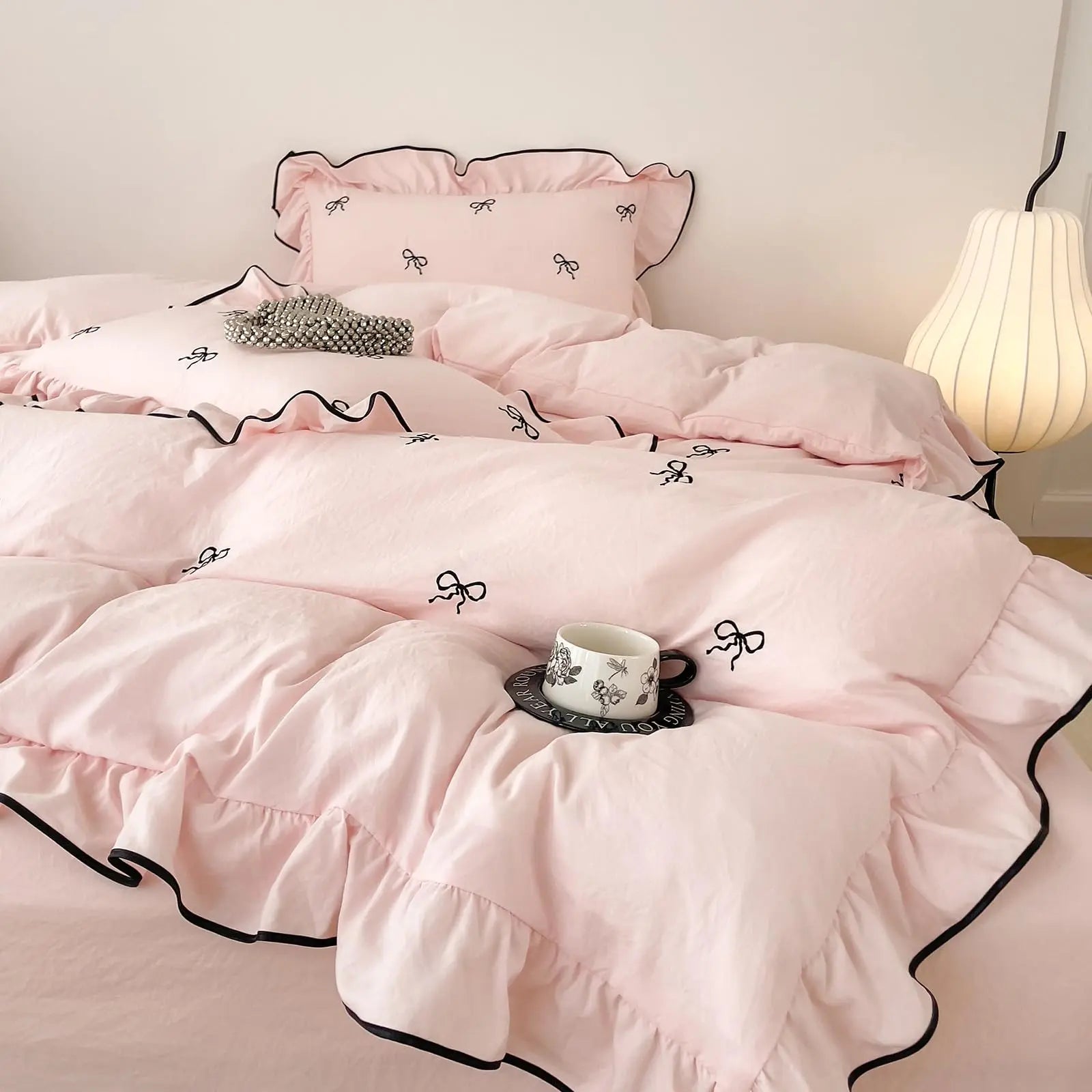 Ruffle Bow Duvet Cover Set for Queen and King Beds in White and Pink – 4 Piece Bedding Collection — Lifestyle 3