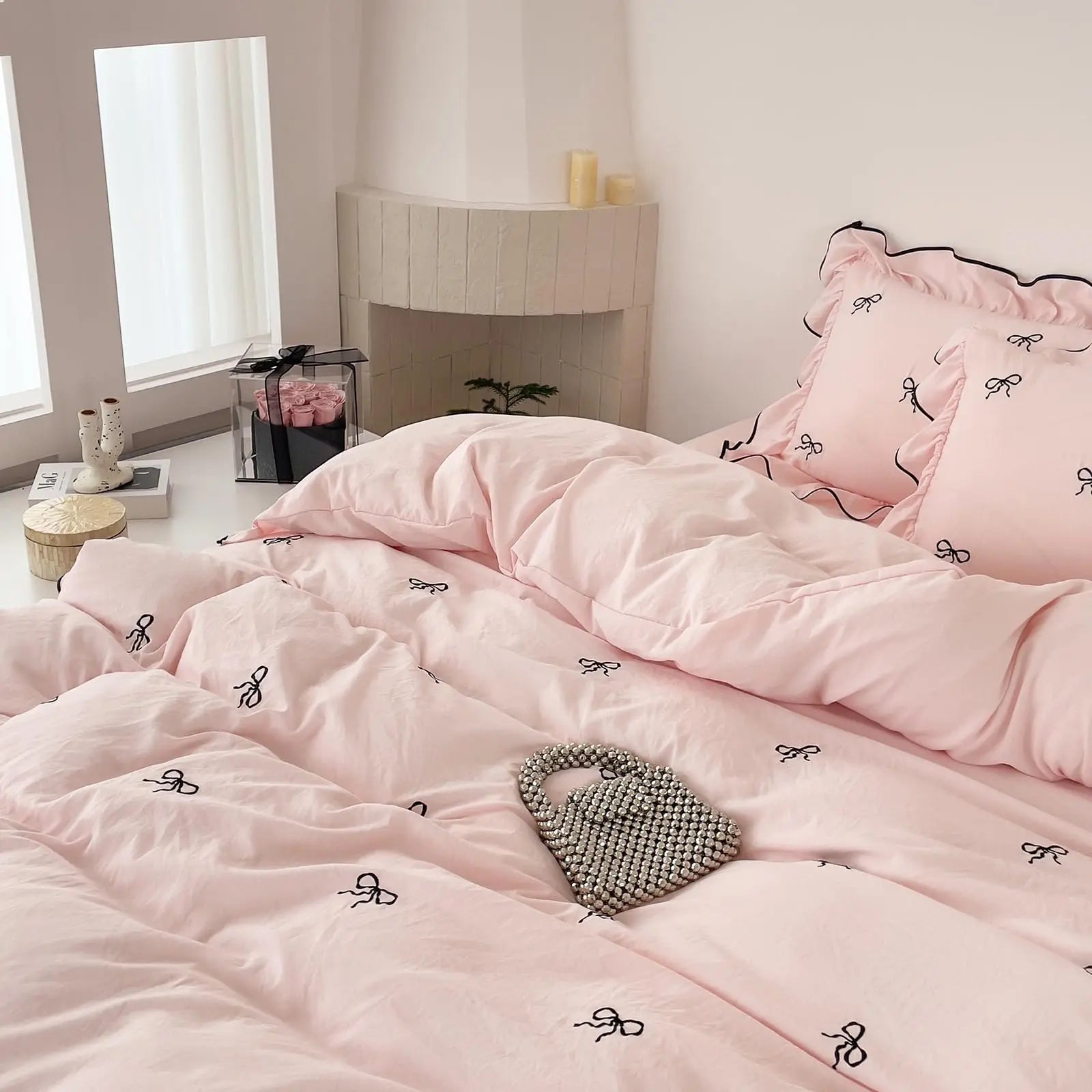 Ruffle Bow Duvet Cover Set for Queen and King Beds in White and Pink – 4 Piece Bedding Collection — Lifestyle 7