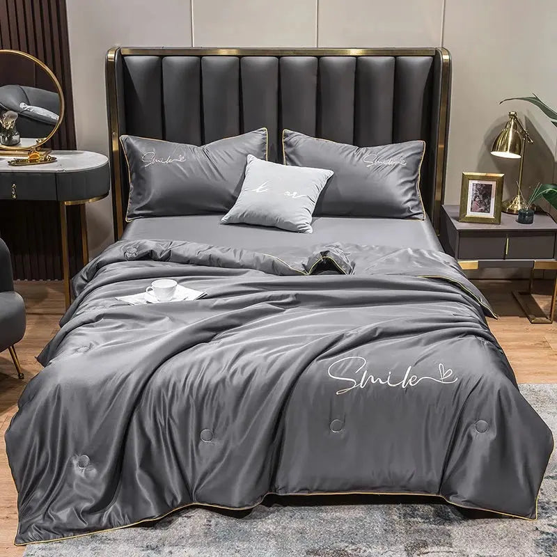 Washed Silk Summer Quilt Set - 3 Piece Bedding in Green, Pink, Yellow, Light Grey - Multiple Sizes Available — Lifestyle 9