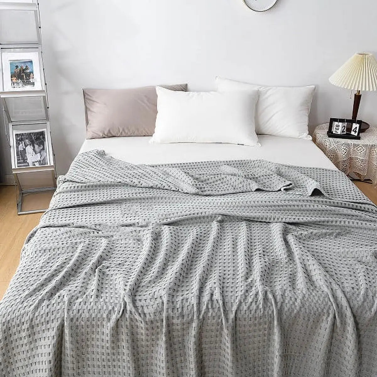 Cotton Waffle Weave Summer Blanket in Khaki, Yellow, Blue, and Gray - Available in Double, Queen, King Sizes — Lifestyle 8