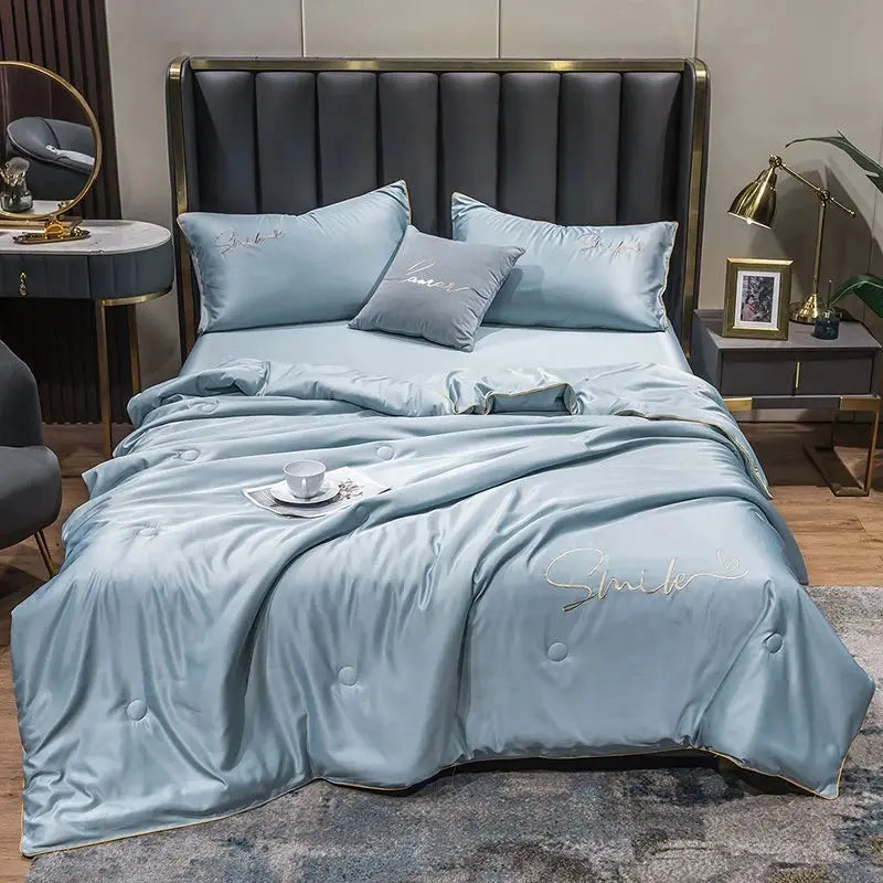 Washed Silk Summer Quilt Set - 3 Piece Bedding in Green, Pink, Yellow, Light Grey - Multiple Sizes Available — Lifestyle 10