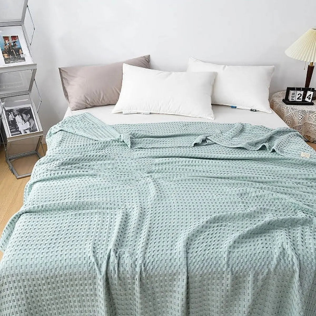 Cotton Waffle Weave Summer Blanket in Khaki, Yellow, Blue, and Gray - Available in Double, Queen, King Sizes — Lifestyle 7