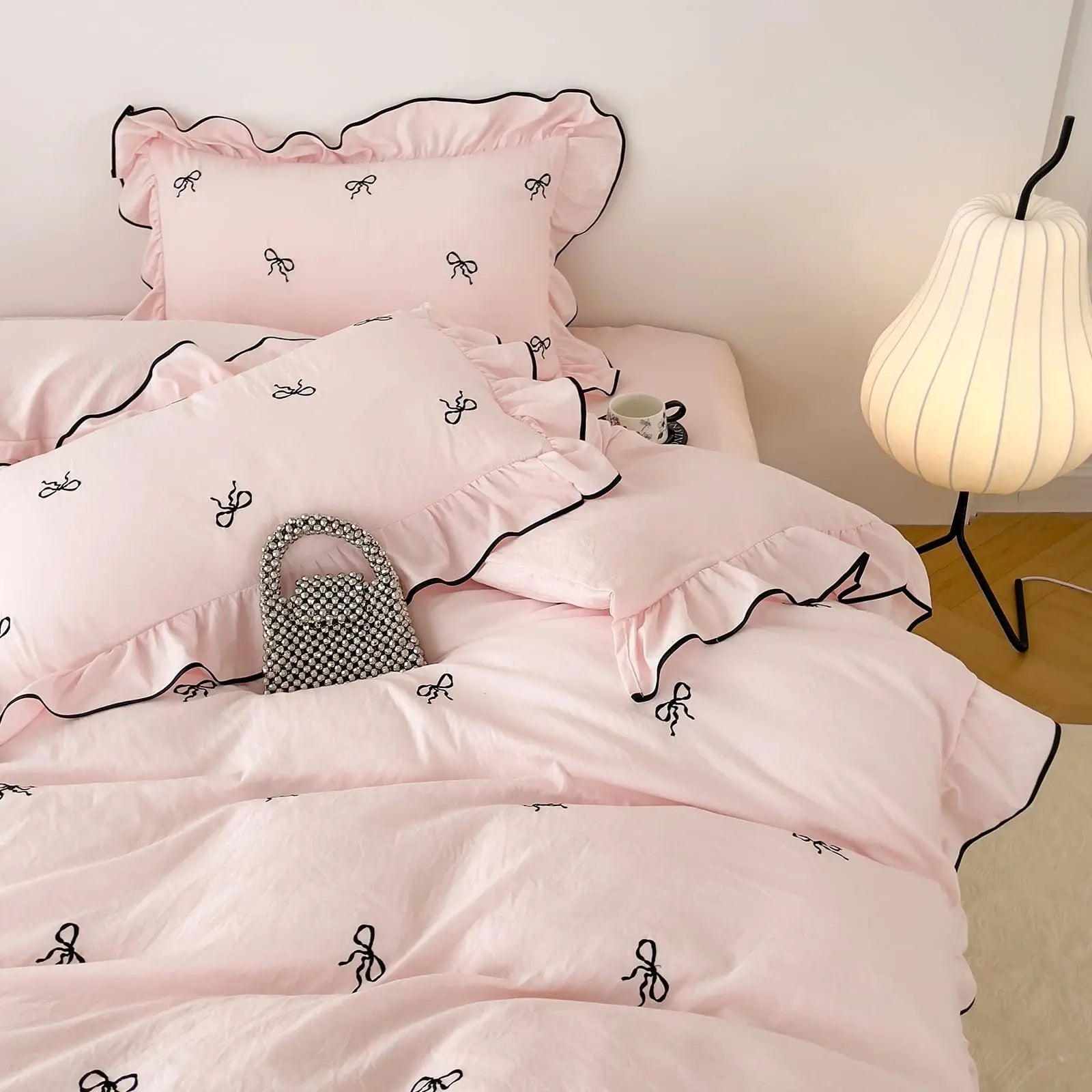 Ruffle Bow Duvet Cover Set for Queen and King Beds in White and Pink – 4 Piece Bedding Collection — Lifestyle 6