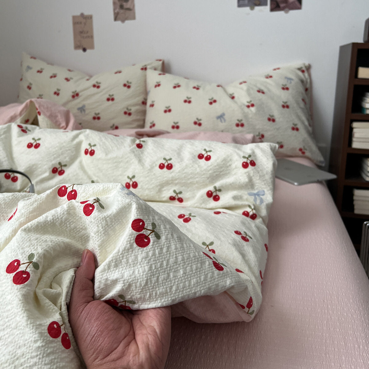 Cherry Print Bedding Set — Seersucker-Texture Duvet Cover for a Playful Bedroom — Front view