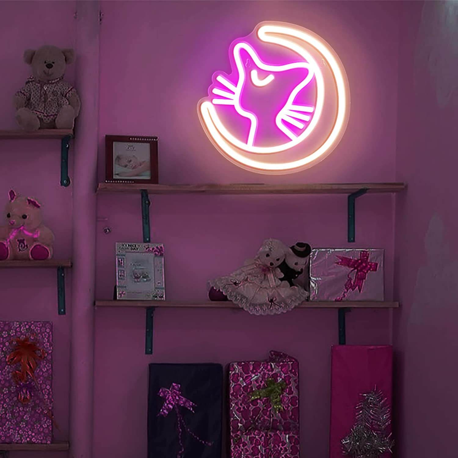 Moon Cat Neon Sign — Warm LED Mood Lighting for Bedside — Lifestyle 7