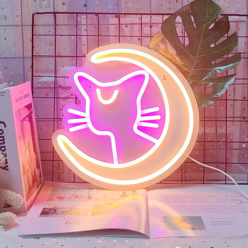 Moon Cat Neon Sign — Warm LED Mood Lighting for Bedside — Front view