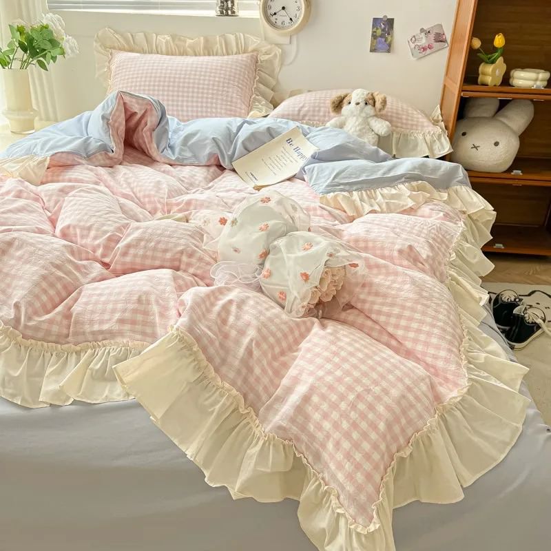 Pastel Plaid Ruffle Bedding Set — Cotton Duvet Cover for Bedroom Styling — Lifestyle 4