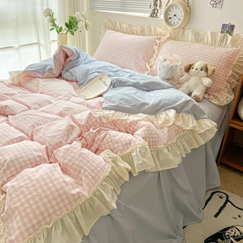 Pastel Plaid Ruffle Bedding Set — Soft-Touch Cotton Duvet & Pillowcases — Front view