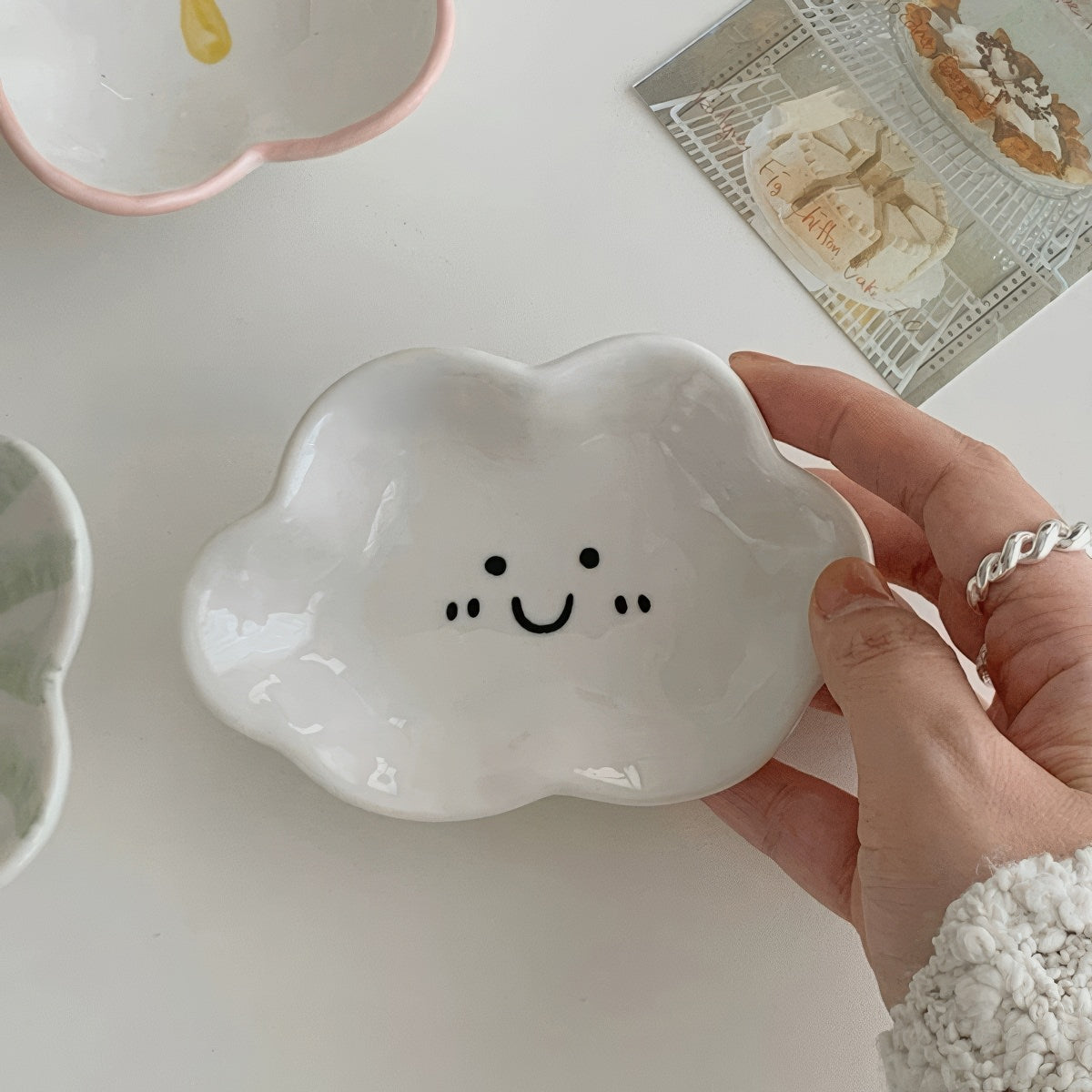 Cloud Ceramic Mini Jewelry Tray — Glossy White Catch-All for Vanity Styling — Lifestyle 1