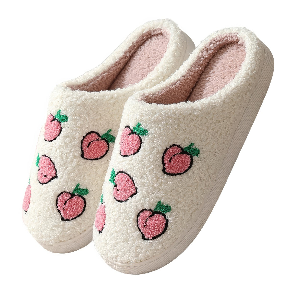 Peach Print Plush Slippers — Soft Indoor House Slippers for Everyday Lounging — Front view